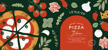 Italian Pizza Horizontal Design Template. Pizza Margherita With Tomatoes And Mozzarella On The Dark Background. 