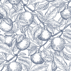 Apple tree seamless pattern. Apple leaf engraved background. 