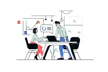 Wall Mural - digital business concept in flat line design. man and woman work together, discuss strategy, promoti