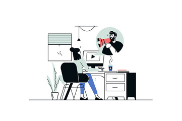 Wall Mural - digital marketing concept in flat line design. woman watches video on computer and receives advertis