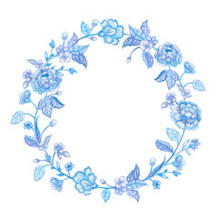 Aufkleber - graceful wreath with decorative blue flowering twigs. watercolor painting