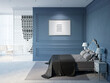 Dark blue classic bedroom with horizontal poster, lamps on bedside tables on the sides of a bed with a luxurious classic headboard, a carved partition, a table by a window in the background. 3d render