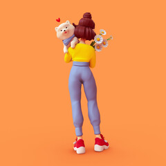 Wall Mural - Rear view of brunette girl wears blue pants yellow t-shirt holds kawaii fluffy playful white puppy lies on her shoulder. Bouquet of large daisies. Nature lover. Minimal style 3d render orange backdrop