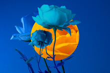 Blue Roses On A Blue Background, A Yellow Circle In The Center Of The Composition.