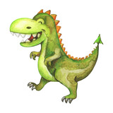 Fototapeta Dinusie - Cartoon watercolour green dinosaur. Funny tyrannosaurus smile. Trace image