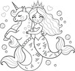 © Jufirell - Beautiful mermaid princess with kelpie horse. Vector outline for coloring page