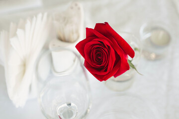 Wall Mural - Red rose in a glass. Serving the wedding table in the restaurant