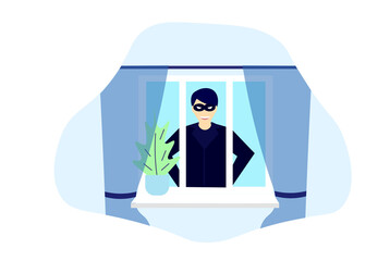 The thief tries to break into the house through the window. Modern isolated illustration of home protection. Modern human icon.