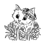 Fototapeta Pokój dzieciecy - Cat in flowers vector illustration for coloring book