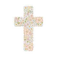Catholic Christian Cross With Flowers And Leaves Inside, First Communion Cross, Christening, Baptism, Vector Illustration