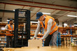 © Drazen - Mature worker stacking cardboard boxes while working with coworker at storage compartment.