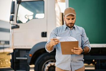 Truck driver going through paperwork on parking lot of distribution warehouse.