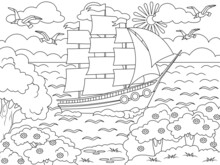 Ship Sails On The Waves. Big Sailboat And The Nature Of The Island. Vector Page For Printable Children Coloring Book.