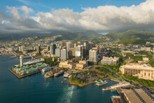 Aerial View Of Downtown Honolulu Harbour, Oahu, Hawaii, USA