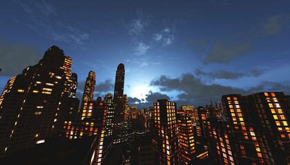 Canvas Print - Beautiful evening city at sunset, night skyscrapers, 3D rendering