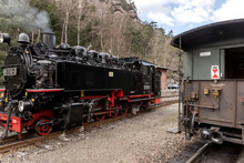 Historic Steam Powered Railway Train At Train Station Oybin. Saxony. Germany