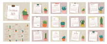 2023 Calendar. Cover, Set Of 12 Months Pages And Page With 2024 Calendar. Pieces Of Papers, Different Types Of Cacti And Cacti Contours In Flat Style. Week Starts On Saturday. Vector Illustration.