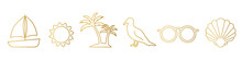 Set Of Summer, Vacation, Marine Icons: Yacht, Sun, Palm Tree, Seagull, Sunglasses And Shelll - Vector Illustration