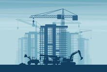 Background Of Heavy Machinery Such As Front Loader, Truck Crane, Excavator, Working On The Construction Of Buildings In A City