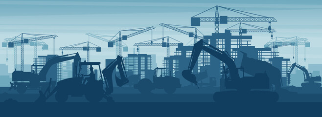 Wall Mural - Panoramic background of heavy machinery such as excavator, backhoe, truck, soil compactor, wheel excavator, concrete trucks, hammer excavator, working on the construction of buildings in a city