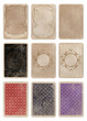 Ornamental frames, cards background and back playing cards on old style grunge aged paper, isolated on white background