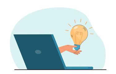 Wall Mural - Hand holding lightbulb coming out of laptop screen. Person offering idea, solution or innovation flat vector illustration. Creativity, education, technology concept for banner or landing web page