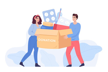 People holding charity medicine box flat vector illustration. Donation for refugees, humanitarian aid, support, love, medication, help, pharmacy, assistance concept