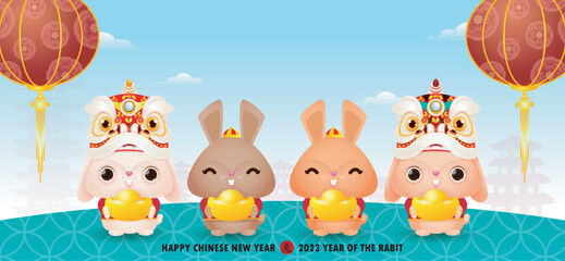 happy chinese new year 2023 banner, four little rabbit holding golden ingots, year of the rabbit zod