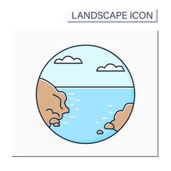 Wall Mural - Bay color icon. Broad inlet of sea. Indentation in mountains with small sea or lake.Landscape concept.Isolated vector illustration