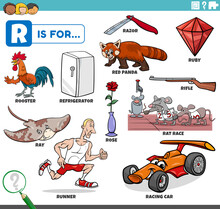 Letter R Words Educational Set With Cartoon Characters