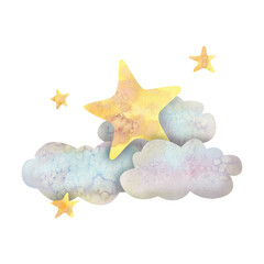 Wall Mural - Clouds and stars in soft lilac and yellow colors. Cute, children's composition, watercolor illustration. For the design, decoration and decoration of postcards, posters, prints, cards, stickers.