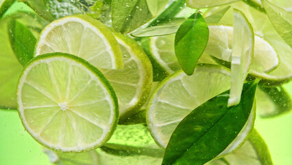 Wall Mural - Close up of lime slices in water.