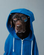 chocolate-colored labrador retriever dog in clothes looks at the camera. beautiful pet dog chocolate retriever dressed as a human. clothing and dog food. selective focus, pets are like people. love