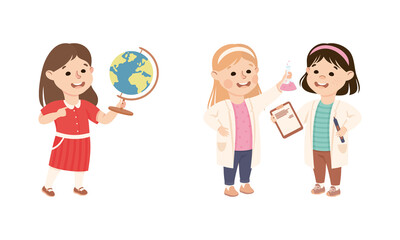 Sticker - Little Girl Learning Geography with Globe and Chemistry with Flask as School Subject Vector Set