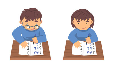 Sticker - Kids Sitting at Desk and Writing Letters in Notebook Studying Alphabet Vector Set