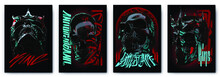 Modern Collection Of Posters In Style Graffiti Doodles And Fragments, Techno, Rave Music And Street Art With Plaster Heads, Gothic Skull. Print Clothing Sweatshirts And T-shirts Isolated On Background