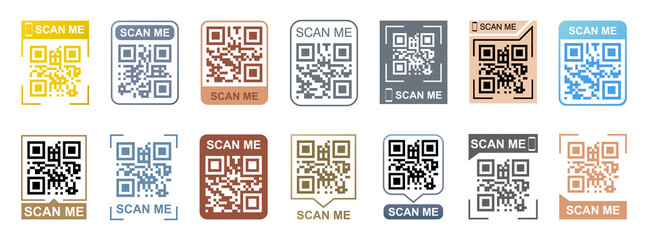 QR code colorful frame vector set and scanning phone. Scan me phone tag. Template of QR code for mobile app, payment, smartphone, pda, mobile phone. Vector illustration. Barcode, digital technology
