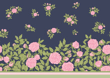 Roses Flowers On Branches. Millefleurs Trendy Floral Design. Seamless Border Pattern, Linear Ornament, Ribbon Vector Illustration. On Blue Denim Background