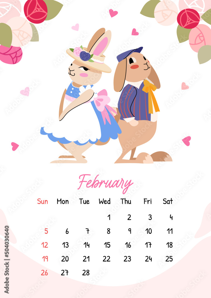 Februaury Rabbit Rabbit Vertical vector calendar for February 2023 with rabbit couple. The year ...