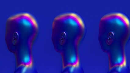 Futuristic head portrait with holographic gradient texture, artificial intelligence and digital technology concept, close up face cyborg, iridescent neon light 3d render illustration