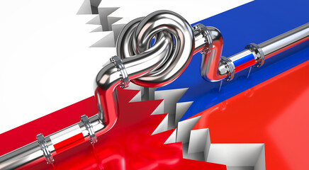 Wall Mural - Fuel/ gas pipeline with a knot, flags of Poland and Russia - 3D illustration