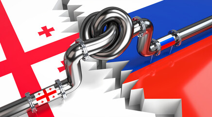 Wall Mural - Fuel/ gas pipeline with a knot, flags of Georgia and Russia - 3D illustration