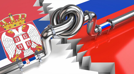 Wall Mural - Fuel/ gas pipeline with a knot, flags of Serbia and Russia - 3D illustration