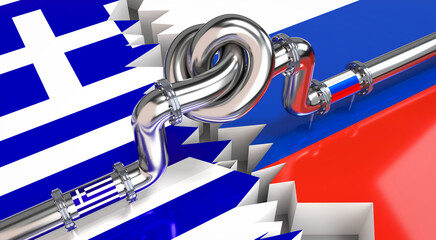 Wall Mural - Fuel/ gas pipeline with a knot, flags of Greece and Russia - 3D illustration