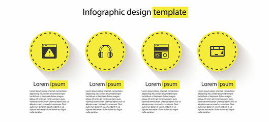 Set Browser with exclamation mark, Headphones, Debugging and Keyboard. Business infographic template. Vector