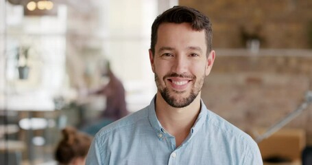 Sticker - Handsome businessman with a beard standing in his office smiling. Portrait of a happy professional business entrepreneur in his office. Confident young businessman in his office working