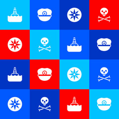 Wall Mural - Set Floating buoy, Captain hat, Wind rose and Skull on crossbones icon. Vector