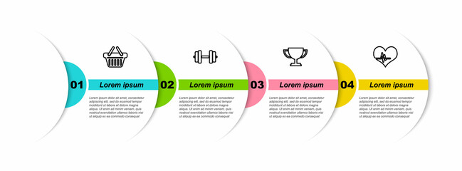 Sticker - Set line Shopping basket, Dumbbell, Trophy cup and Heart rate. Business infographic template. Vector