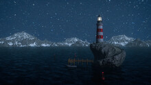 Lighthouse On A Rock Island At Night With Snow Covered Mountains In The Background And Stars In The Sky. 3D Illustration.