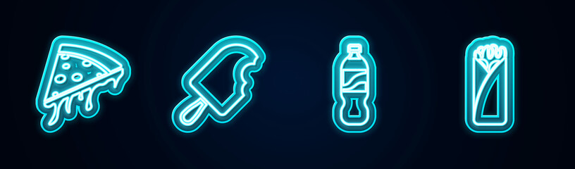 Sticker - Set line Slice of pizza, Ice cream, Bottle water and Burrito. Glowing neon icon. Vector